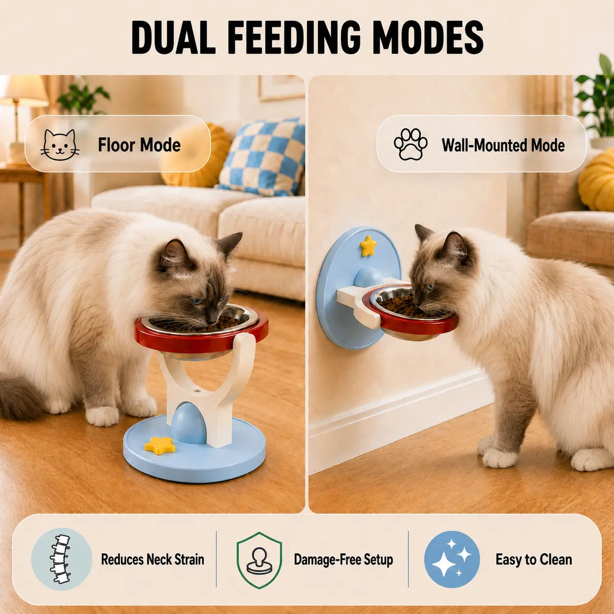 2-In-1 Elevated Stainless-Steel Cat Bowl, No-Drill Wall-Mount or Floor-Standing, Neck-Protecting, Robot Vacuum Friendly, Easy to Clean for Indoor Cats