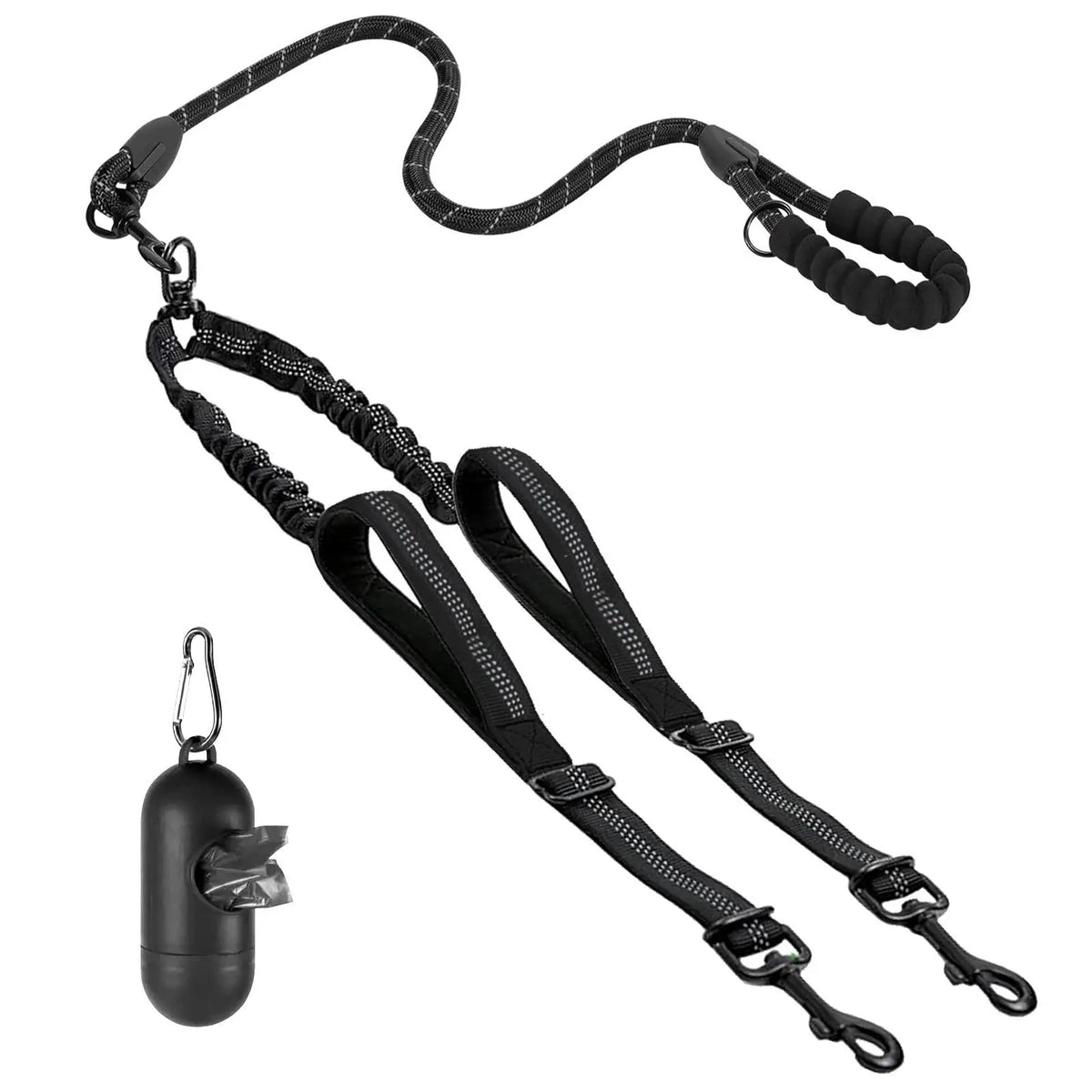 【Furlyn】Dual Dog Tangle-Free Bungee Cord Leash - 360° Swivel Joint, Shock Absorption, Cuban Link, Adjustable Universal Collar, Easy Harness, Car Restraint Accessory for 25-150 Lbs Large Dogs, Collars & Leads