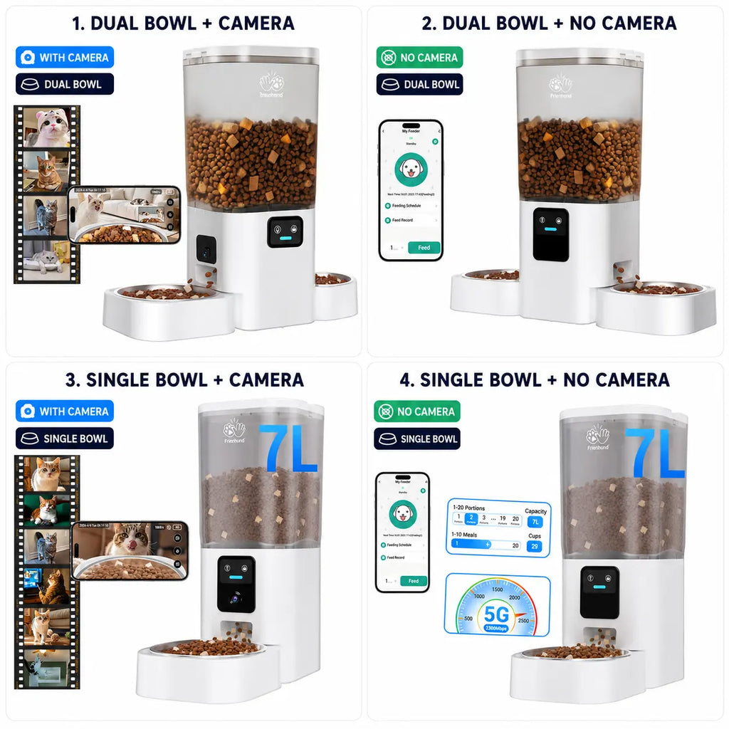 Frienhund Dual Camera Smart Pet Feeder - Optional Camera, 7L Dry Food Capacity, 1080P HD Monitoring, Night Vision, Slow Feed Mode, App Remote Control, Timed & Portion Feeding, Dual Stainless Steel Bowls for Multi-Pet Homes