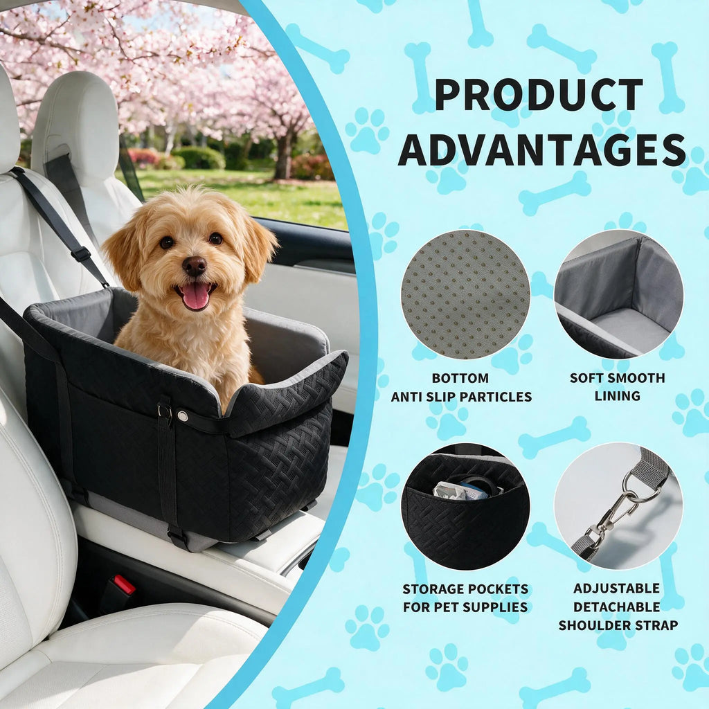 Soft Fabric Paw Print Dog Car Booster Seat - Armrest-Mount, Portable Pet Basket, Safe Travel Carrier Bed for Small-Medium Dogs