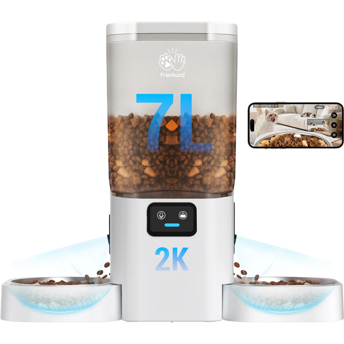 Frienhund Dual Camera Smart Pet Feeder - Optional Camera, 7L Dry Food Capacity, 1080P HD Monitoring, Night Vision, Slow Feed Mode, App Remote Control, Timed & Portion Feeding, Dual Stainless Steel Bowls for Multi-Pet Homes
