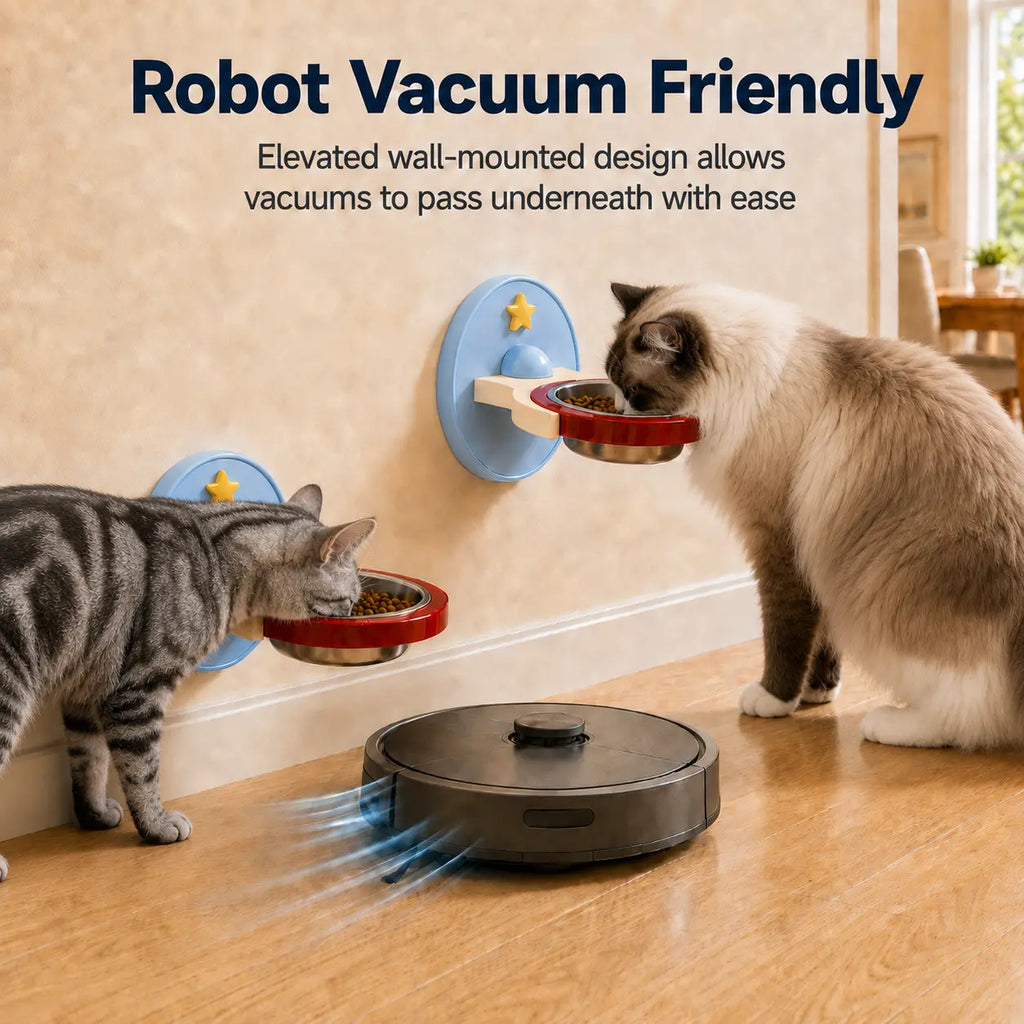 2-In-1 Elevated Stainless-Steel Cat Bowl, No-Drill Wall-Mount or Floor-Standing, Neck-Protecting, Robot Vacuum Friendly, Easy to Clean for Indoor Cats
