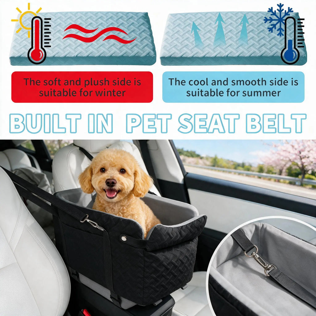 Soft Fabric Paw Print Dog Car Booster Seat - Armrest-Mount, Portable Pet Basket, Safe Travel Carrier Bed for Small-Medium Dogs
