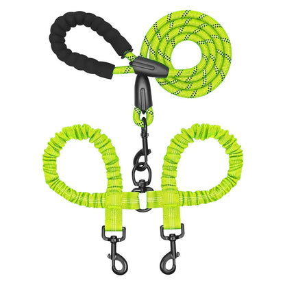 【Furlyn】Dual Dog Tangle-Free Bungee Cord Leash - 360° Swivel Joint, Shock Absorption, Cuban Link, Adjustable Universal Collar, Easy Harness, Car Restraint Accessory for 25-150 Lbs Large Dogs, Collars & Leads