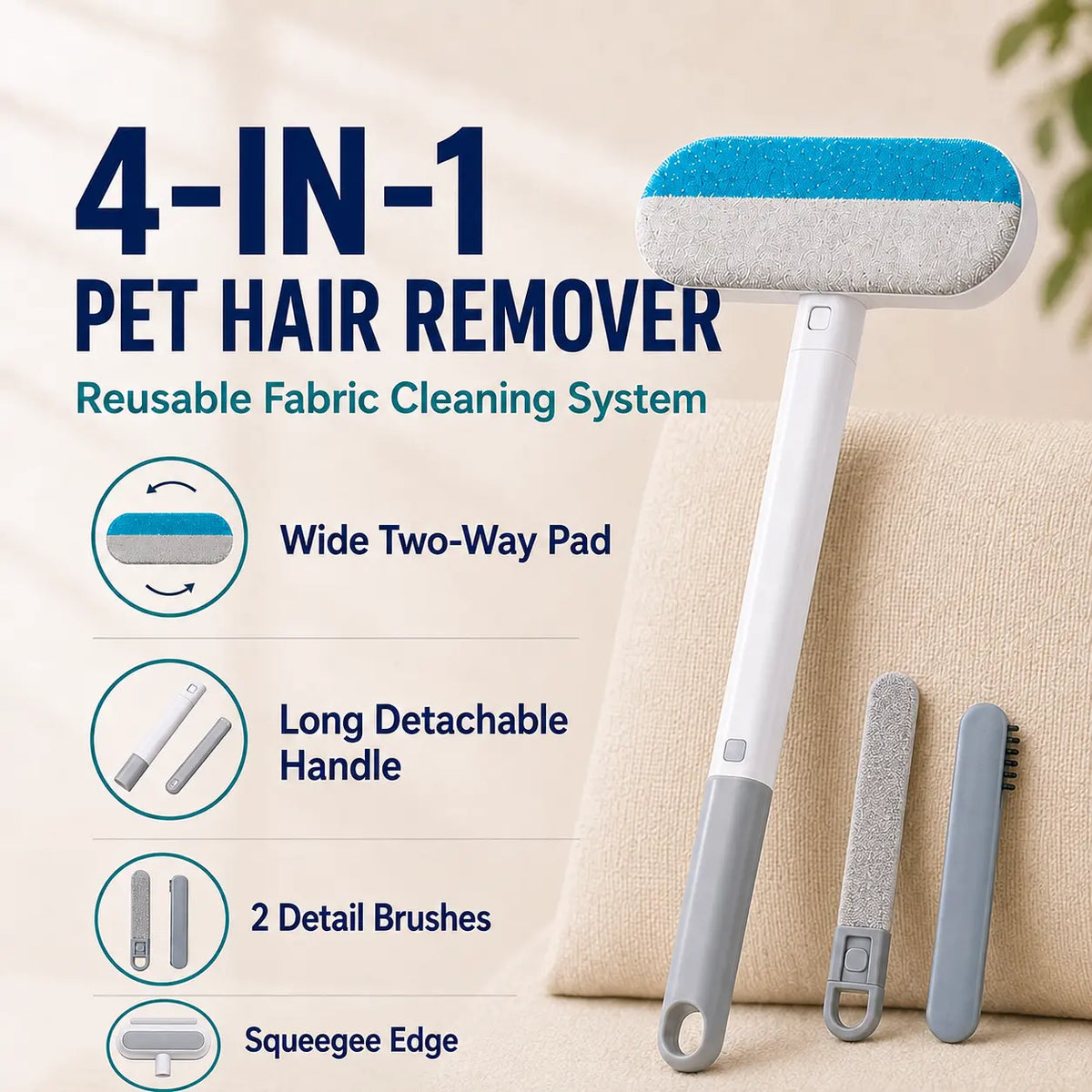 4-In-1 Reusable Pet Hair Remover Brush - Long Handle, Detail Brushes, Flexible Bristles, Reusable Pads, Deshedding & Fur Removal Tool for Multi-Surface Sofas, Rugs, Bedding