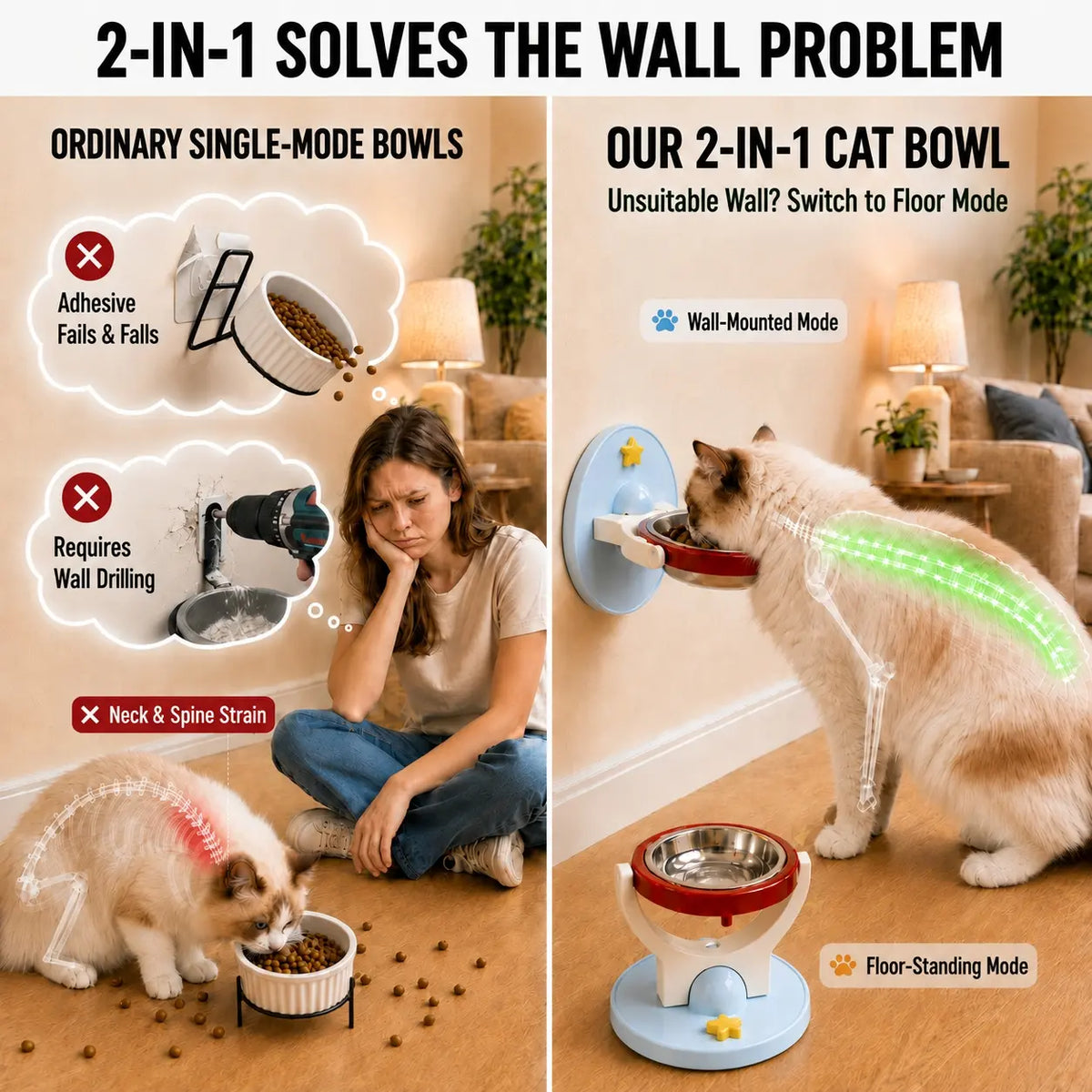 2-In-1 Elevated Stainless-Steel Cat Bowl, No-Drill Wall-Mount or Floor-Standing, Neck-Protecting, Robot Vacuum Friendly, Easy to Clean for Indoor Cats