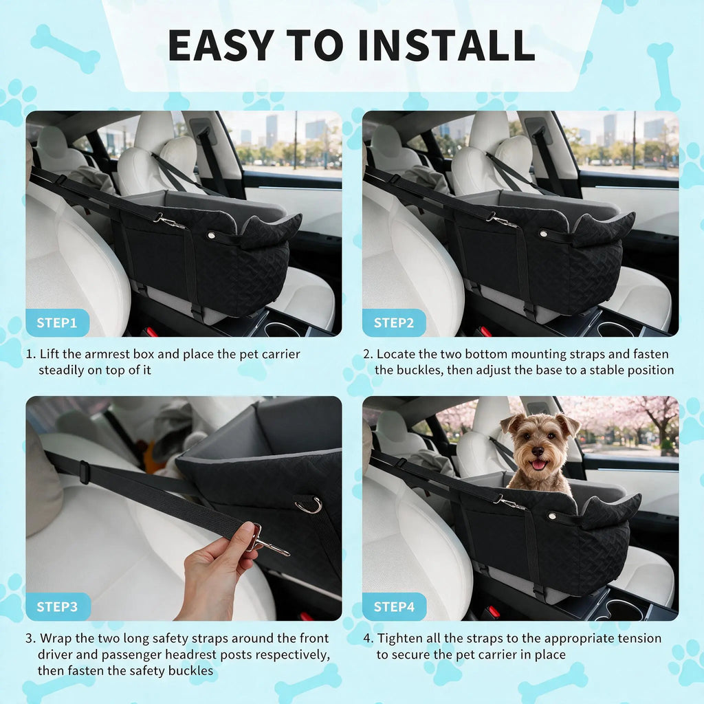 Soft Fabric Paw Print Dog Car Booster Seat - Armrest-Mount, Portable Pet Basket, Safe Travel Carrier Bed for Small-Medium Dogs