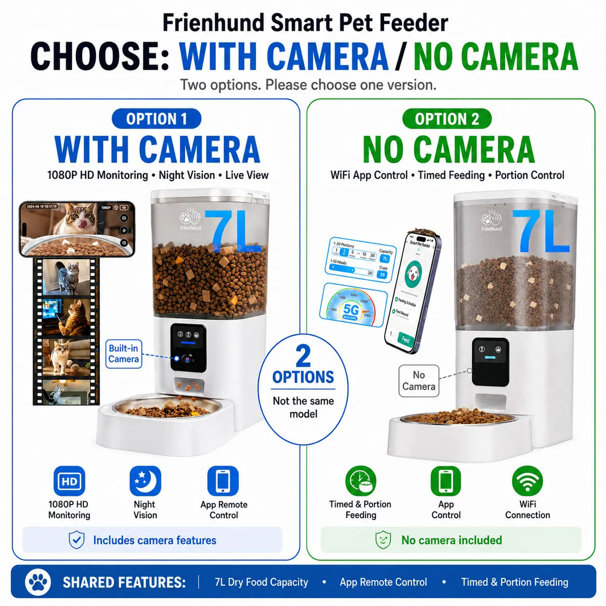 Frienhund Dual Camera Smart Pet Feeder - Optional Camera, 7L Dry Food Capacity, 1080P HD Monitoring, Night Vision, Slow Feed Mode, App Remote Control, Timed & Portion Feeding, Dual Stainless Steel Bowls for Multi-Pet Homes