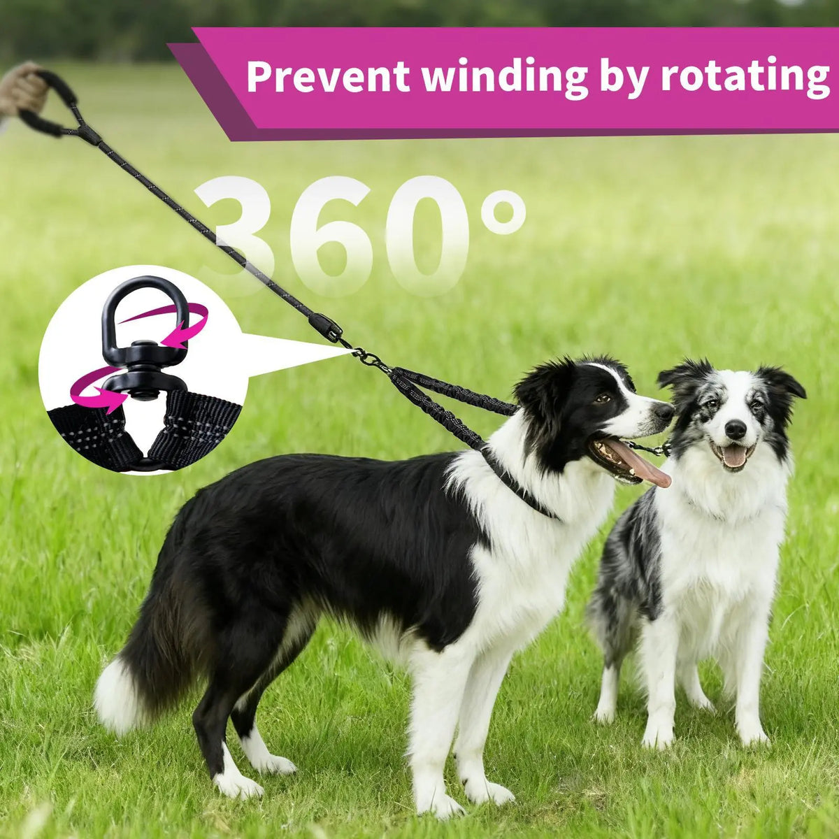 【Furlyn】Dual Dog Tangle-Free Bungee Cord Leash - 360° Swivel Joint, Shock Absorption, Cuban Link, Adjustable Universal Collar, Easy Harness, Car Restraint Accessory for 25-150 Lbs Large Dogs, Collars & Leads
