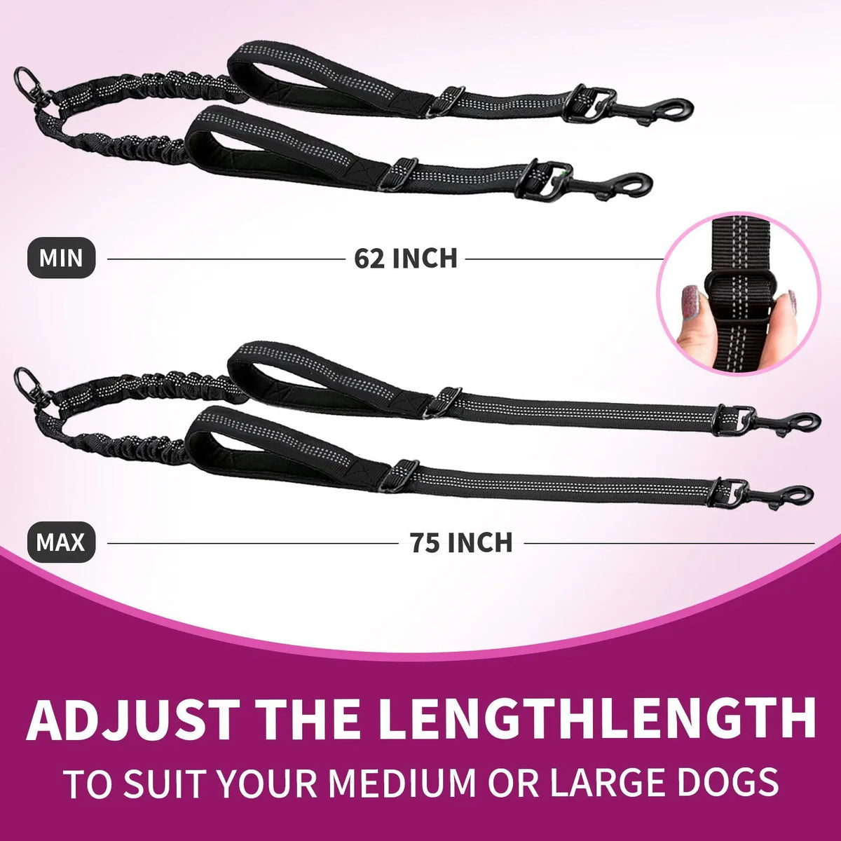 【Furlyn】Dual Dog Tangle-Free Bungee Cord Leash - 360° Swivel Joint, Shock Absorption, Cuban Link, Adjustable Universal Collar, Easy Harness, Car Restraint Accessory for 25-150 Lbs Large Dogs, Collars & Leads
