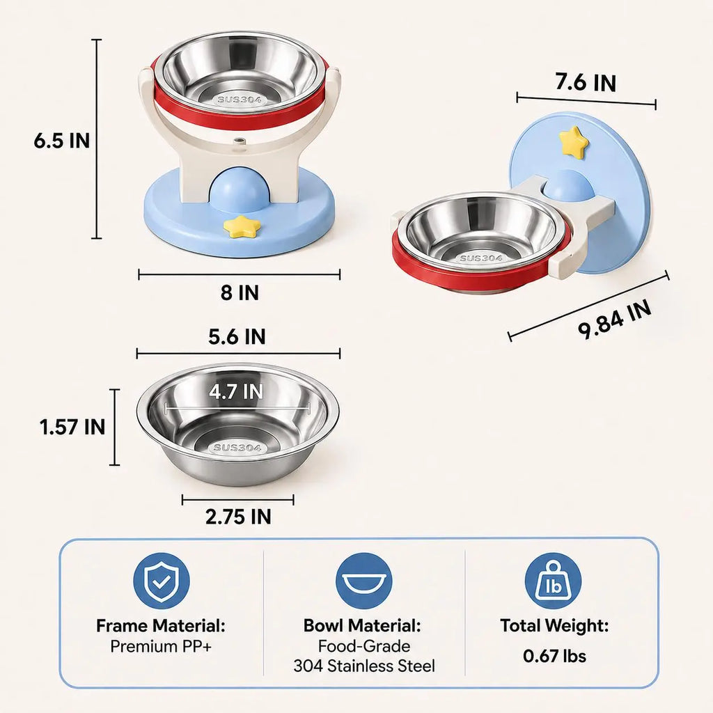 2-In-1 Elevated Stainless-Steel Cat Bowl, No-Drill Wall-Mount or Floor-Standing, Neck-Protecting, Robot Vacuum Friendly, Easy to Clean for Indoor Cats