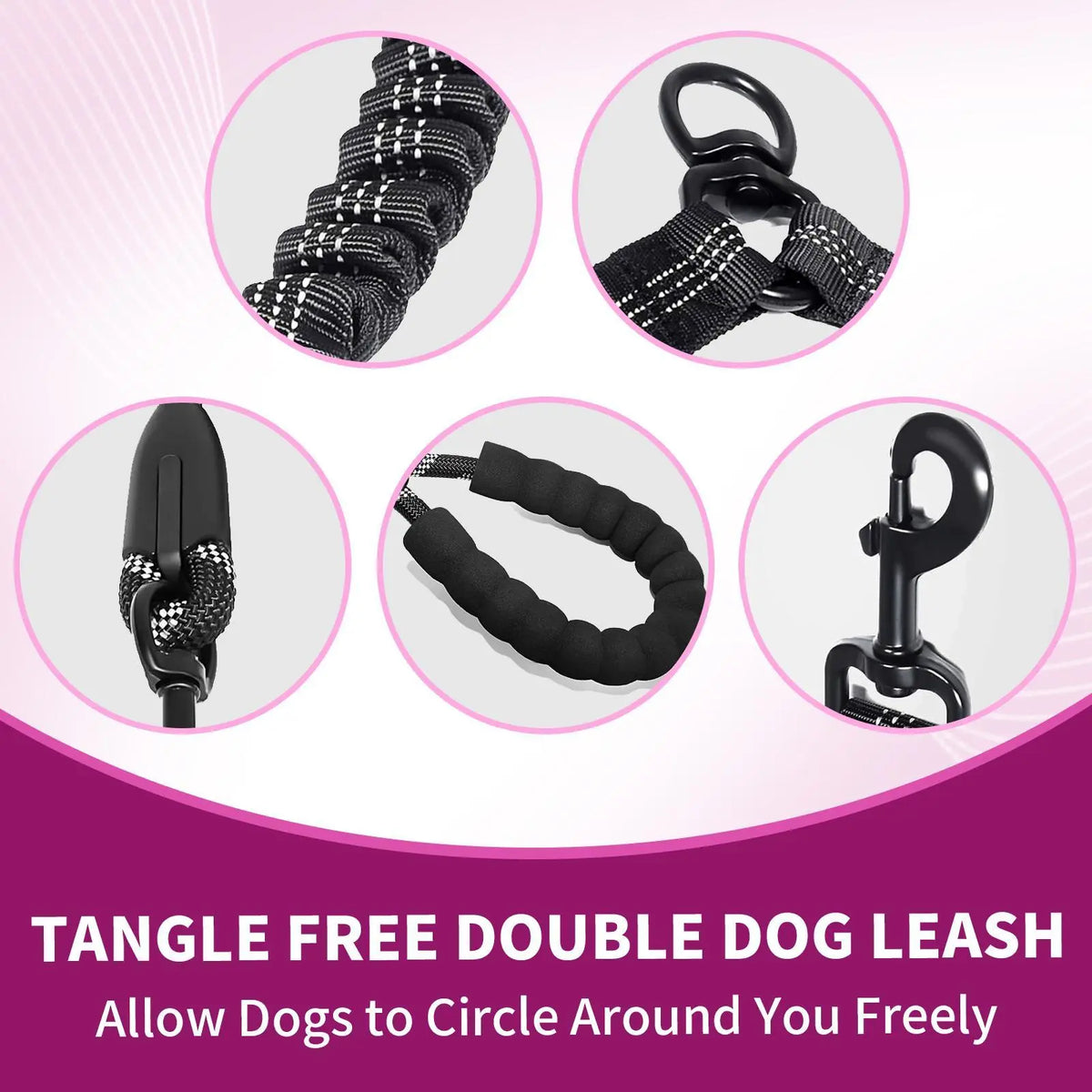 【Furlyn】Dual Dog Tangle-Free Bungee Cord Leash - 360° Swivel Joint, Shock Absorption, Cuban Link, Adjustable Universal Collar, Easy Harness, Car Restraint Accessory for 25-150 Lbs Large Dogs, Collars & Leads