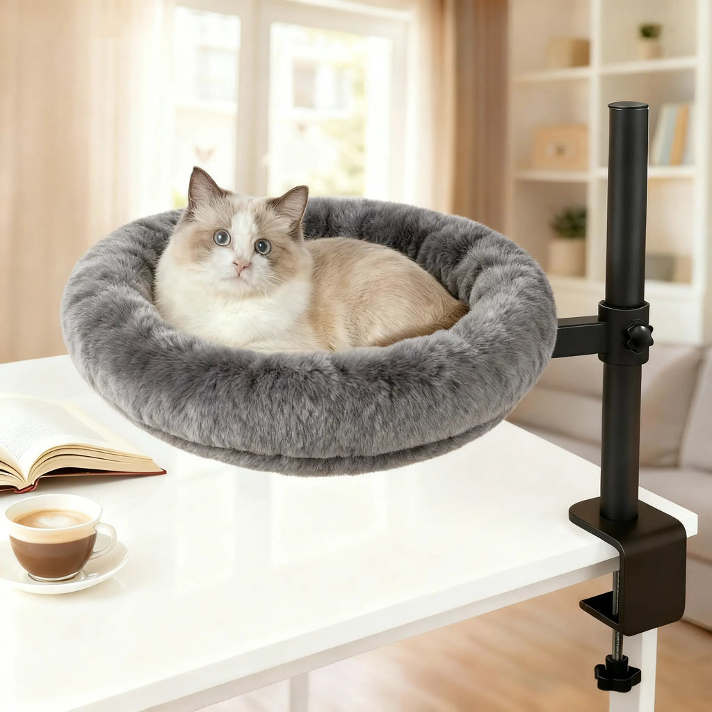 Heavy-Duty Desk-Mounted Cat Bed with Adjustable Swivel Arm, Removable Machine Washable Plush Nest, No-Drill Clip-On Design for Home Office and Gaming Spaces