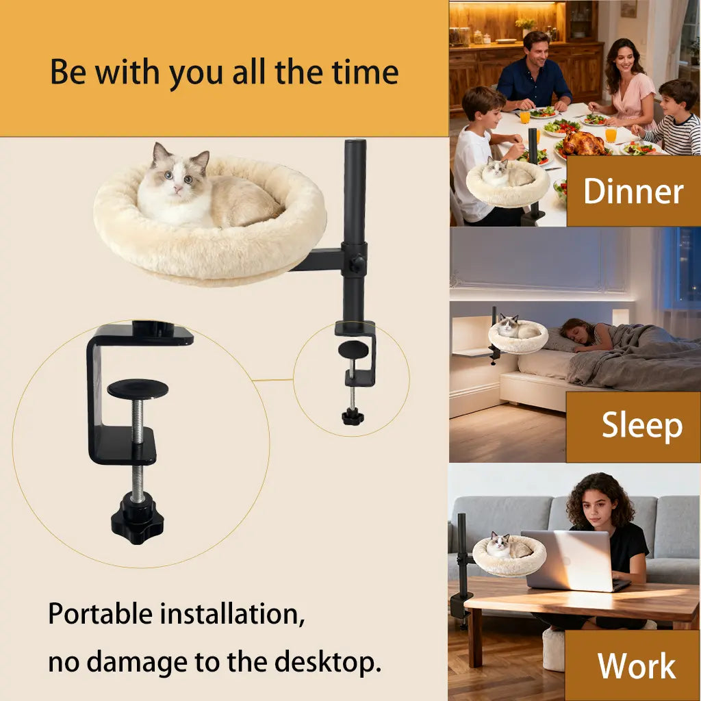 Heavy-Duty Desk-Mounted Cat Bed with Adjustable Swivel Arm, Removable Machine Washable Plush Nest, No-Drill Clip-On Design for Home Office and Gaming Spaces