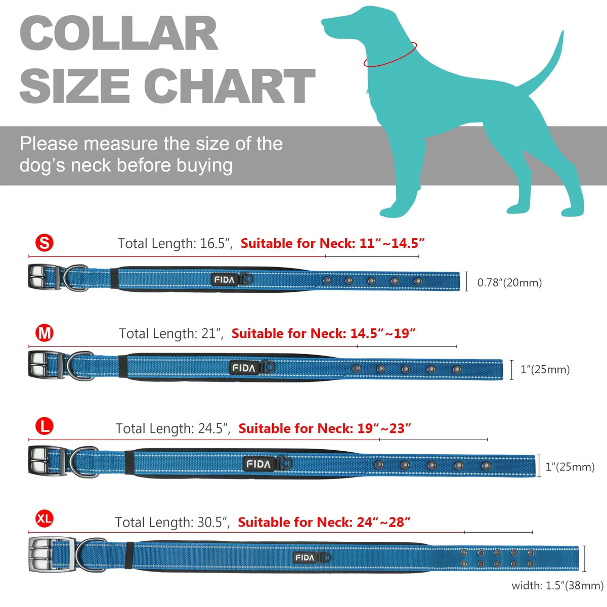 Fida Heavy Duty Dog Collar, Ultra Comfortable Soft Neoprene Padded, Adjustable Reflective Nylon Pet Collar with Durable Metal Belt Buckle, , Lightweight Everyday Walking Collar for Small Medium Large Dogs