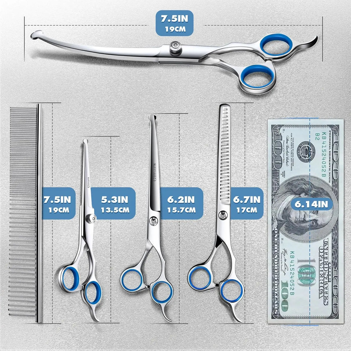 Professional 9-In-1 Grooming Scissors Kit for Dogs and Cats - Ergonomic Design with Precise Cutting, Rounded Tips, Thinning Shears, Nail Clipper, File, Steel Comb, and Storage Case for Small to Medium Pets and DIY Grooming
