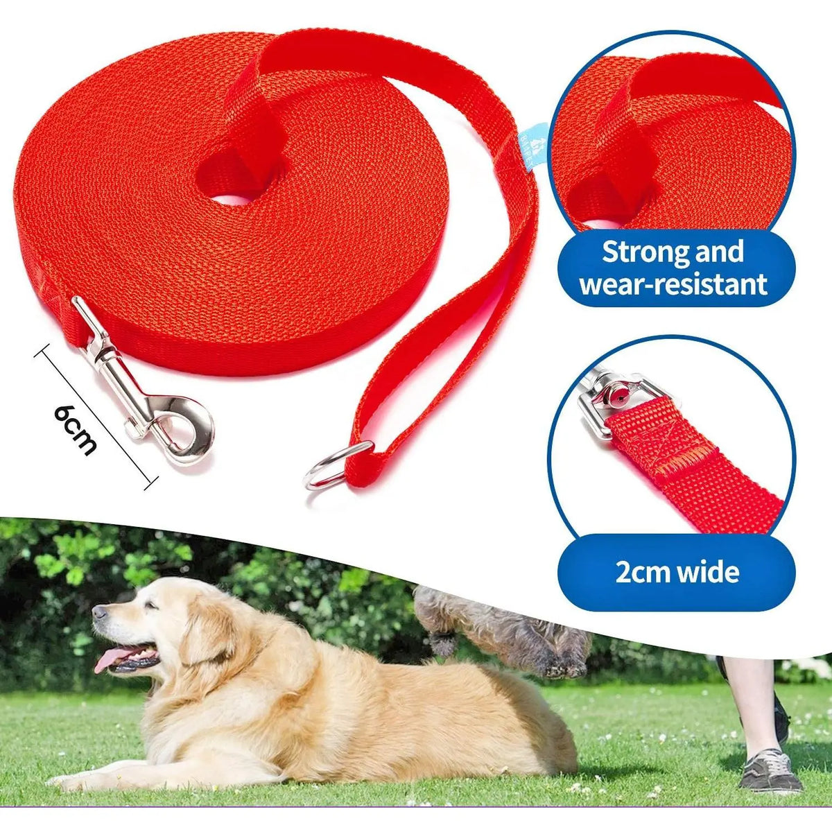 15/20/30/50/100 Ft Long Leash with Clickers for Small, Medium and Large Dogs or Cats (15 , Red)