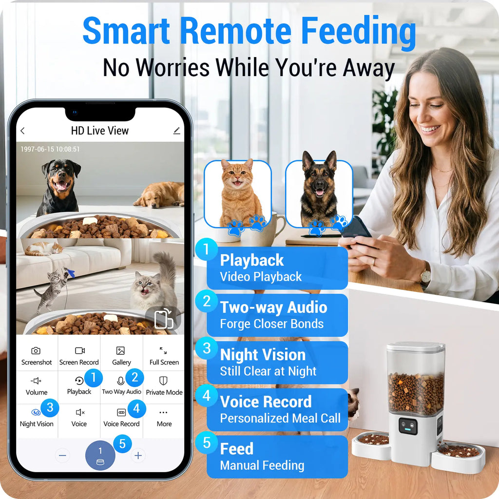 Frienhund Dual Camera Smart Pet Feeder - Optional Camera, 7L Dry Food Capacity, 1080P HD Monitoring, Night Vision, Slow Feed Mode, App Remote Control, Timed & Portion Feeding, Dual Stainless Steel Bowls for Multi-Pet Homes