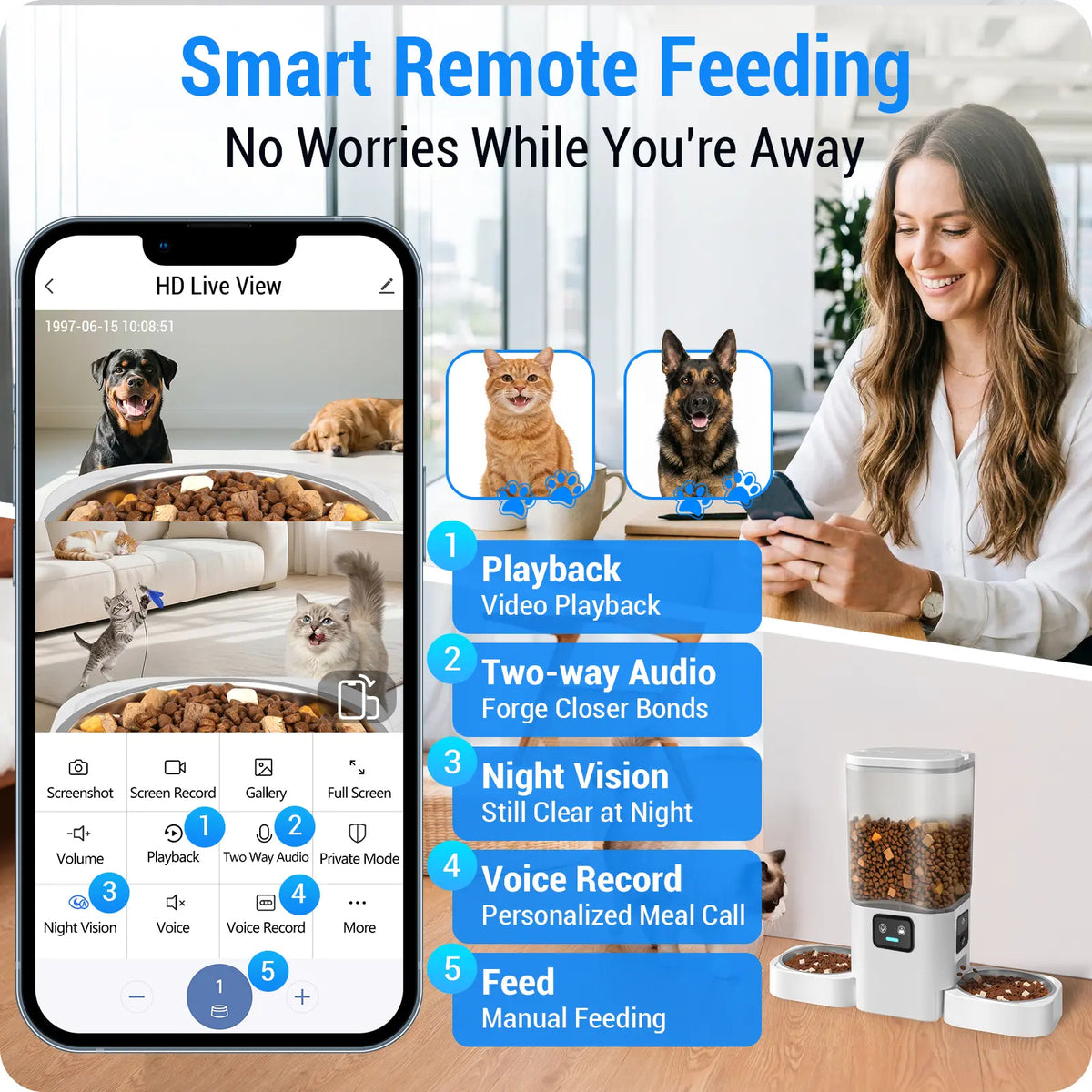 Frienhund Dual Camera Smart Pet Feeder - Optional Camera, 7L Dry Food Capacity, 1080P HD Monitoring, Night Vision, Slow Feed Mode, App Remote Control, Timed & Portion Feeding, Dual Stainless Steel Bowls for Multi-Pet Homes