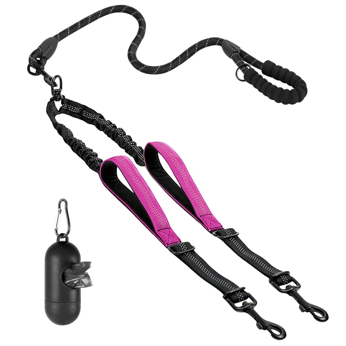 【Furlyn】Dual Dog Tangle-Free Bungee Cord Leash - 360° Swivel Joint, Shock Absorption, Cuban Link, Adjustable Universal Collar, Easy Harness, Car Restraint Accessory for 25-150 Lbs Large Dogs, Collars & Leads