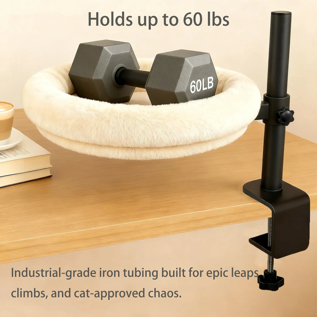 Heavy-Duty Desk-Mounted Cat Bed with Adjustable Swivel Arm, Removable Machine Washable Plush Nest, No-Drill Clip-On Design for Home Office and Gaming Spaces