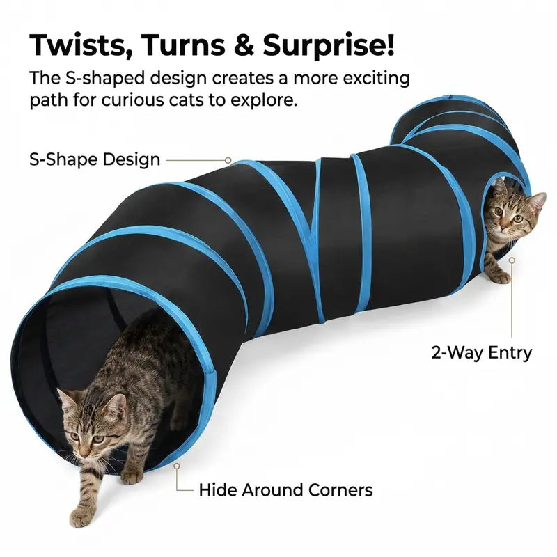 S-Shaped Cat Tunnel Toy – Foldable Interactive Play Tunnel with Peek Holes & Hanging Ball
