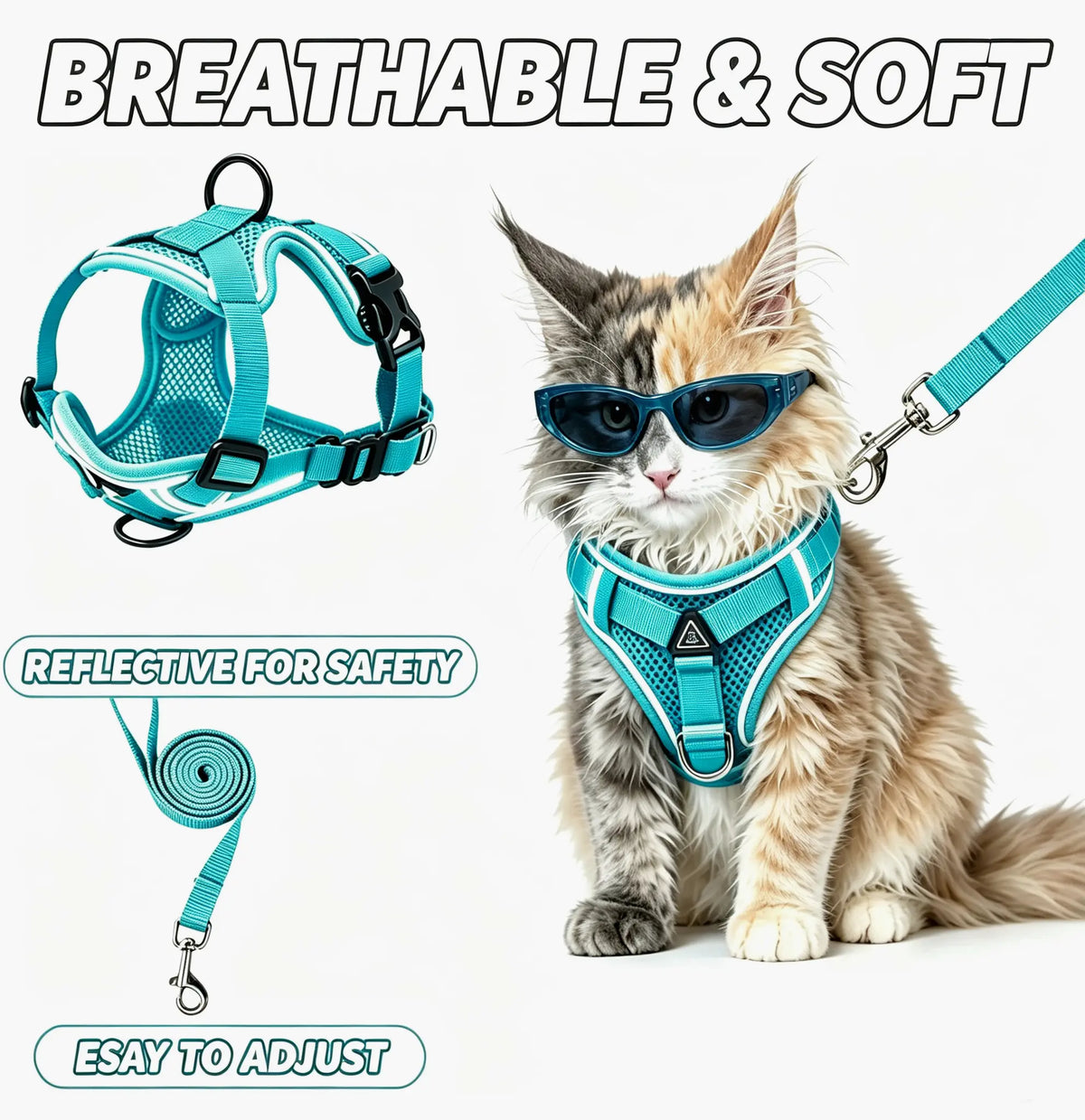 Escape-Proof Cat and Kitten Harness and Leash Set - Adjustable Breathable Mesh Vest with Reflective Strip and Comfortable Materials for Safe Walking (Includes Summer Edition)