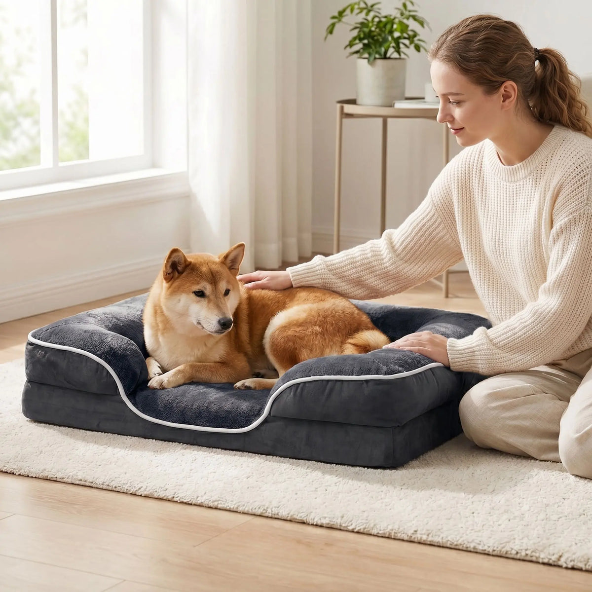 Sweetcrispy Modern Orthopedic Memory Foam Pet Bed for Large Dogs - 3-Sided Bolsters, 20"L x 24"W x 8"Th, Waterproof Detachable Cover, Non-Slip Base, Joint Relief and Consistent Support for Enhanced Comfort and Recovery