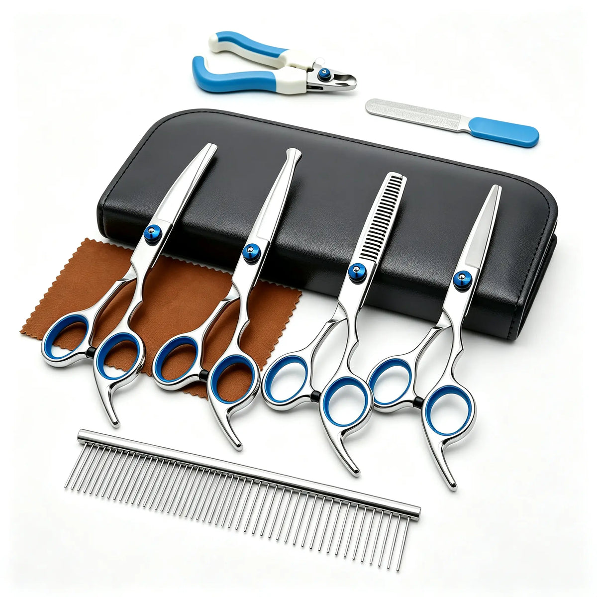 Professional 9-In-1 Grooming Scissors Kit for Dogs and Cats - Ergonomic Design with Precise Cutting, Rounded Tips, Thinning Shears, Nail Clipper, File, Steel Comb, and Storage Case for Small to Medium Pets and DIY Grooming