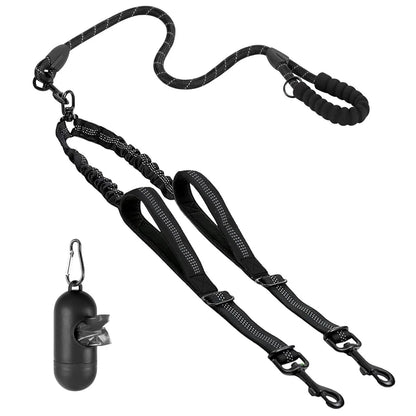 【Furlyn】Dual Dog Tangle-Free Bungee Cord Leash - 360° Swivel Joint, Shock Absorption, Cuban Link, Adjustable Universal Collar, Easy Harness, Car Restraint Accessory for 25-150 Lbs Large Dogs, Collars & Leads