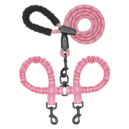 【Furlyn】Dual Dog Tangle-Free Bungee Cord Leash - 360° Swivel Joint, Shock Absorption, Cuban Link, Adjustable Universal Collar, Easy Harness, Car Restraint Accessory for 25-150 Lbs Large Dogs, Collars & Leads