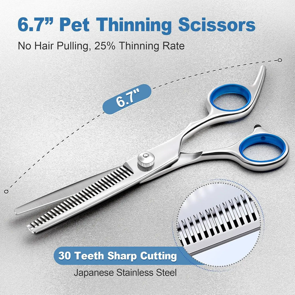 Professional 9-In-1 Grooming Scissors Kit for Dogs and Cats - Ergonomic Design with Precise Cutting, Rounded Tips, Thinning Shears, Nail Clipper, File, Steel Comb, and Storage Case for Small to Medium Pets and DIY Grooming