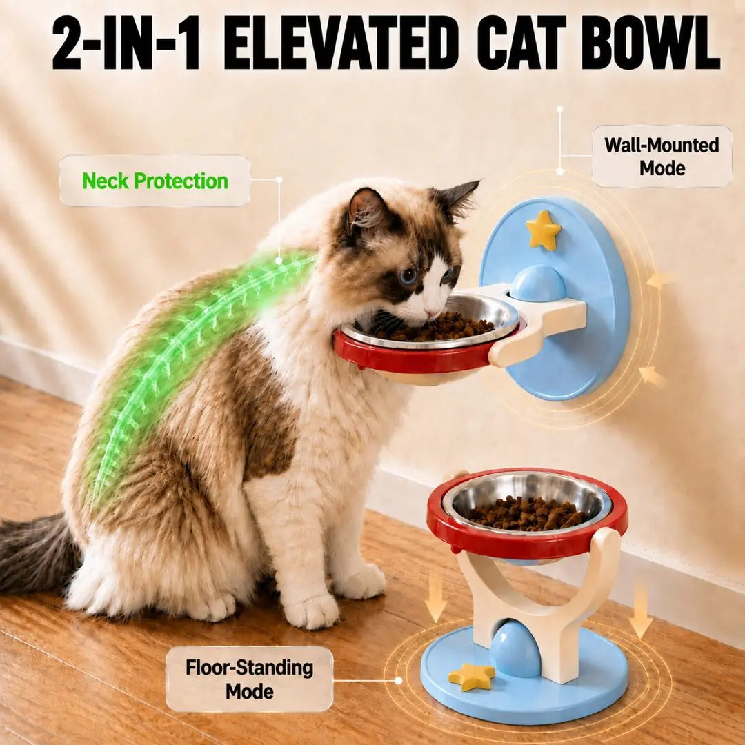 2-In-1 Elevated Stainless-Steel Cat Bowl, No-Drill Wall-Mount or Floor-Standing, Neck-Protecting, Robot Vacuum Friendly, Easy to Clean for Indoor Cats