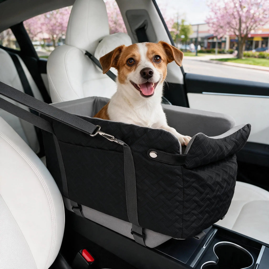 Soft Fabric Paw Print Dog Car Booster Seat - Armrest-Mount, Portable Pet Basket, Safe Travel Carrier Bed for Small-Medium Dogs