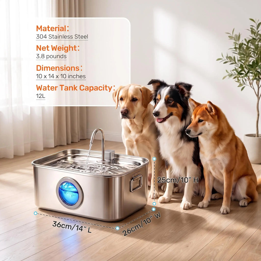 304 Stainless Steel Automatic Pet Water Fountain, 12L/405Oz Large Capacity, Dual Flow, 24H Filtering, Ultra-Quiet Pump, Bpa-Free, Dishwasher-Safe, Dual Handles, Easy-Clean Summer Essential for Dogs & Cats Pat Water Fountain