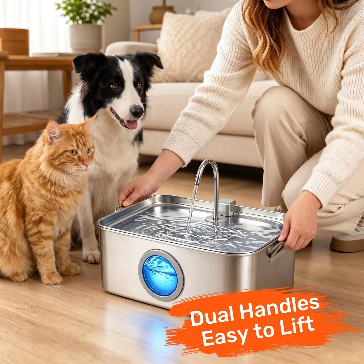 304 Stainless Steel Automatic Pet Water Fountain, 12L/405Oz Large Capacity, Dual Flow, 24H Filtering, Ultra-Quiet Pump, Bpa-Free, Dishwasher-Safe, Dual Handles, Easy-Clean Summer Essential for Dogs & Cats Pat Water Fountain