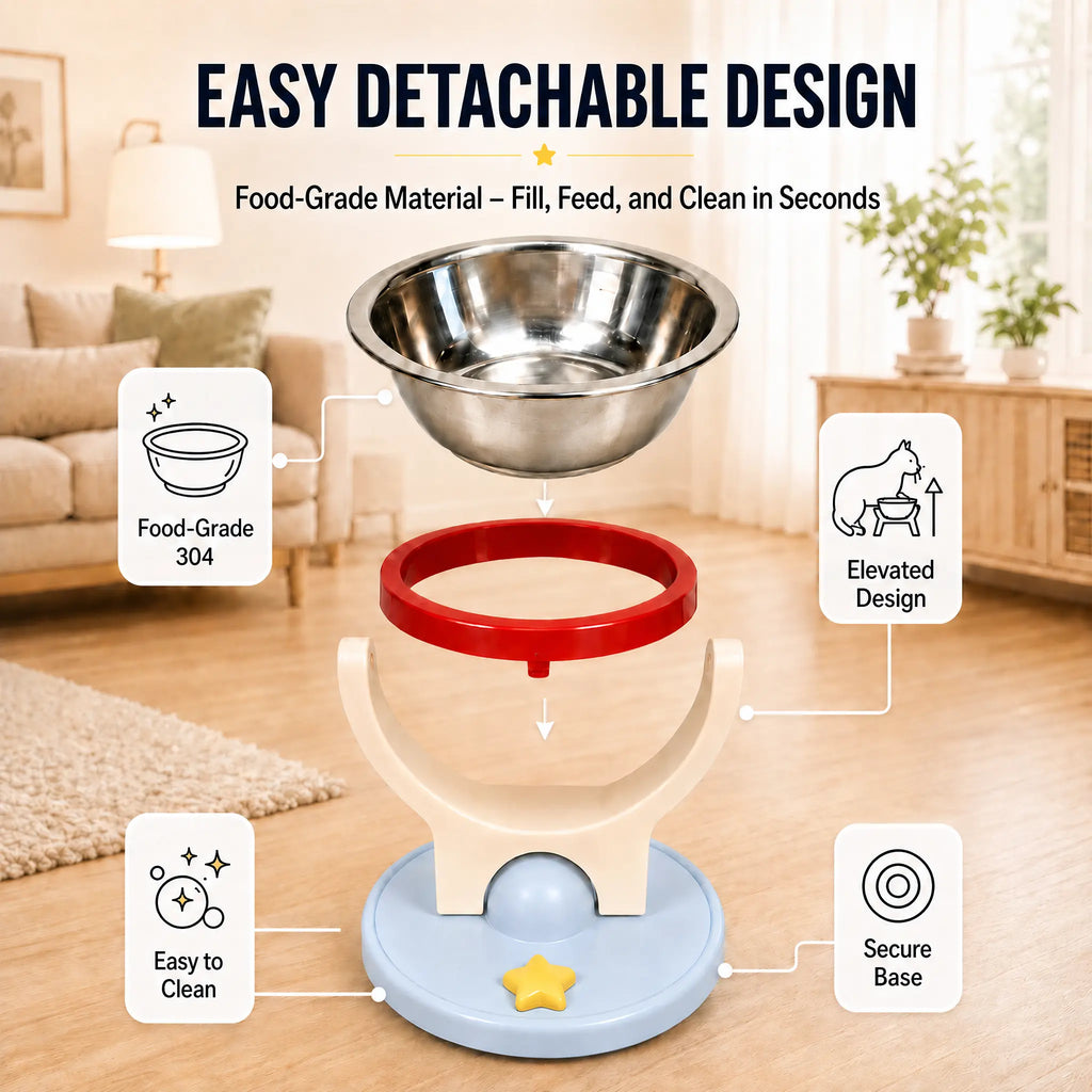 2-In-1 Elevated Stainless-Steel Cat Bowl, No-Drill Wall-Mount or Floor-Standing, Neck-Protecting, Robot Vacuum Friendly, Easy to Clean for Indoor Cats