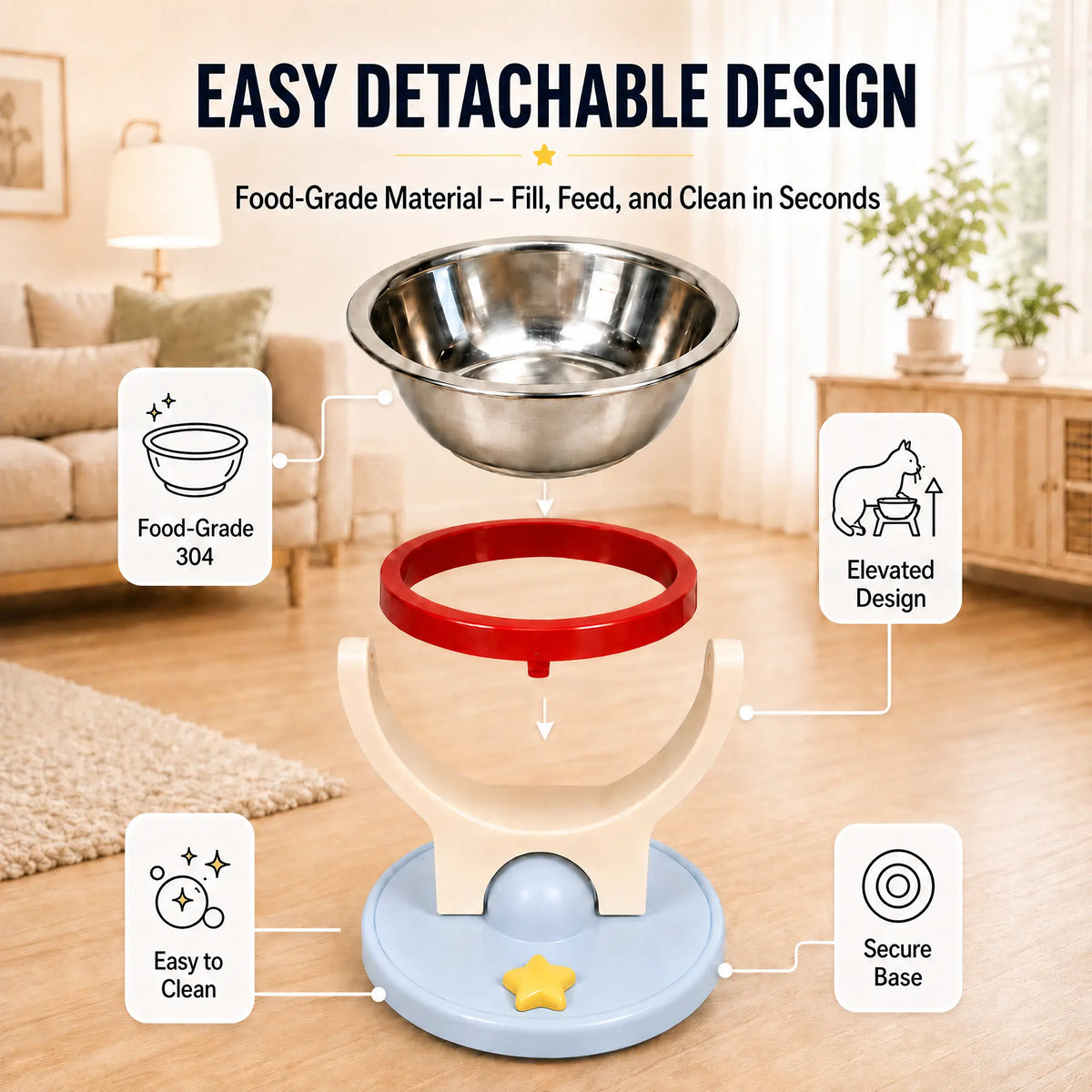 2-In-1 Elevated Stainless-Steel Cat Bowl, No-Drill Wall-Mount or Floor-Standing, Neck-Protecting, Robot Vacuum Friendly, Easy to Clean for Indoor Cats
