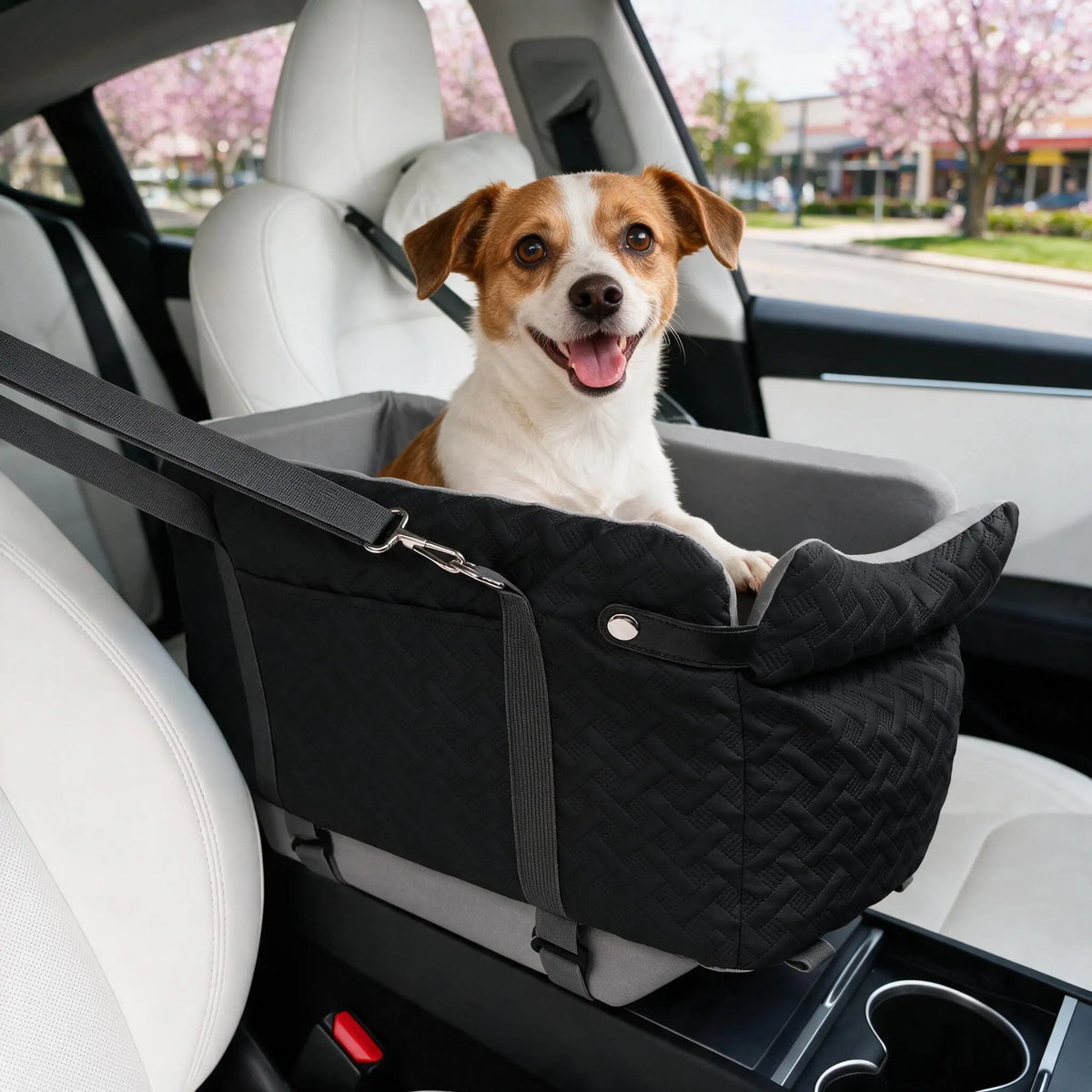 Soft Fabric Paw Print Dog Car Booster Seat - Armrest-Mount, Portable Pet Basket, Safe Travel Carrier Bed for Small-Medium Dogs