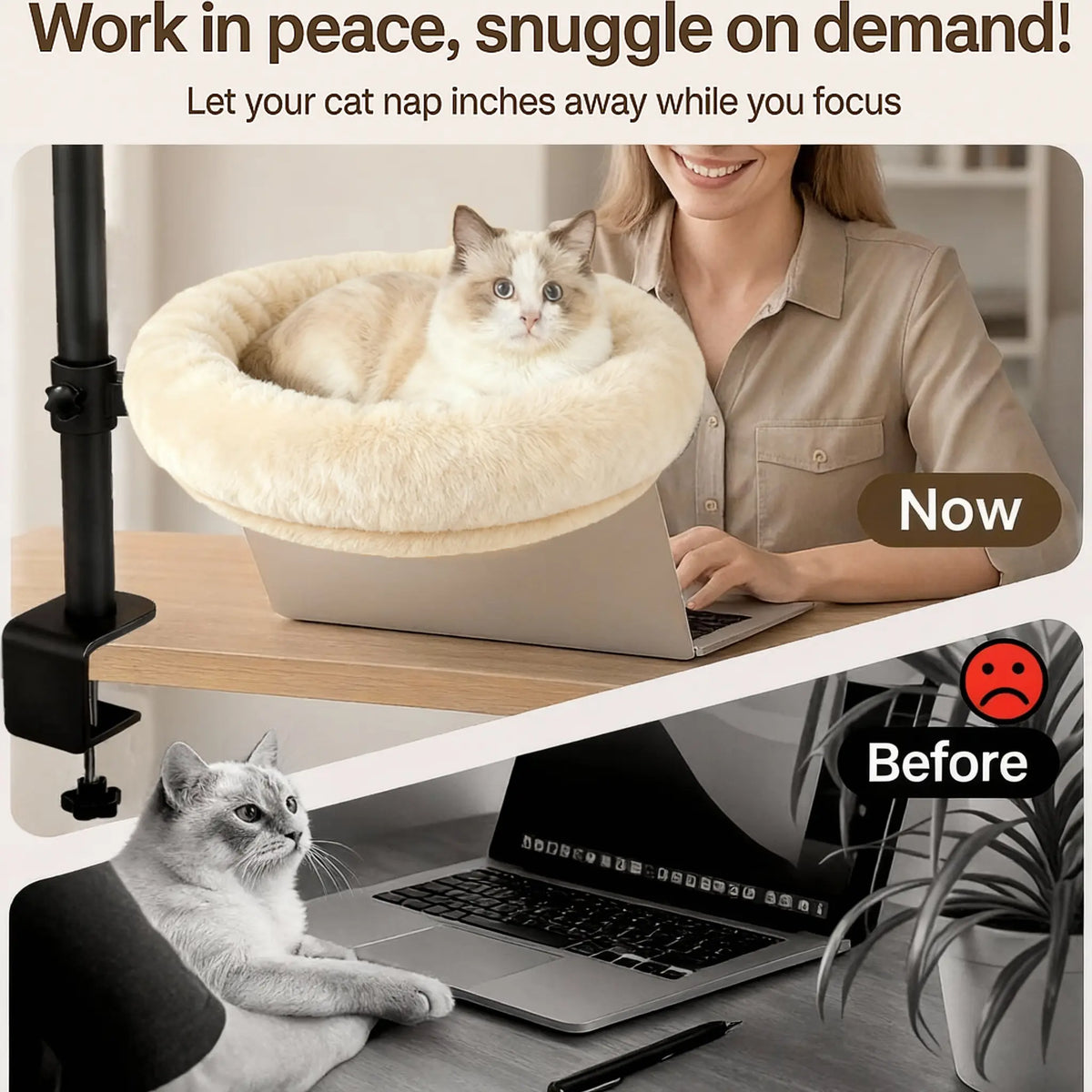 Heavy-Duty Desk-Mounted Cat Bed with Adjustable Swivel Arm, Removable Machine Washable Plush Nest, No-Drill Clip-On Design for Home Office and Gaming Spaces