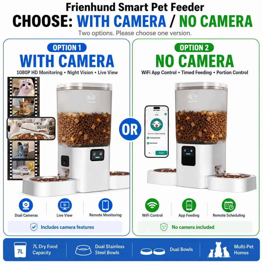 Frienhund Dual Camera Smart Pet Feeder - Optional Camera, 7L Dry Food Capacity, 1080P HD Monitoring, Night Vision, Slow Feed Mode, App Remote Control, Timed & Portion Feeding, Dual Stainless Steel Bowls for Multi-Pet Homes