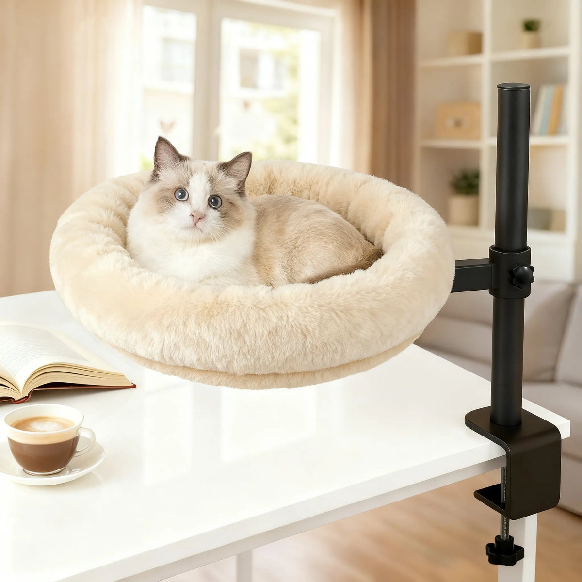Heavy-Duty Desk-Mounted Cat Bed with Adjustable Swivel Arm, Removable Machine Washable Plush Nest, No-Drill Clip-On Design for Home Office and Gaming Spaces