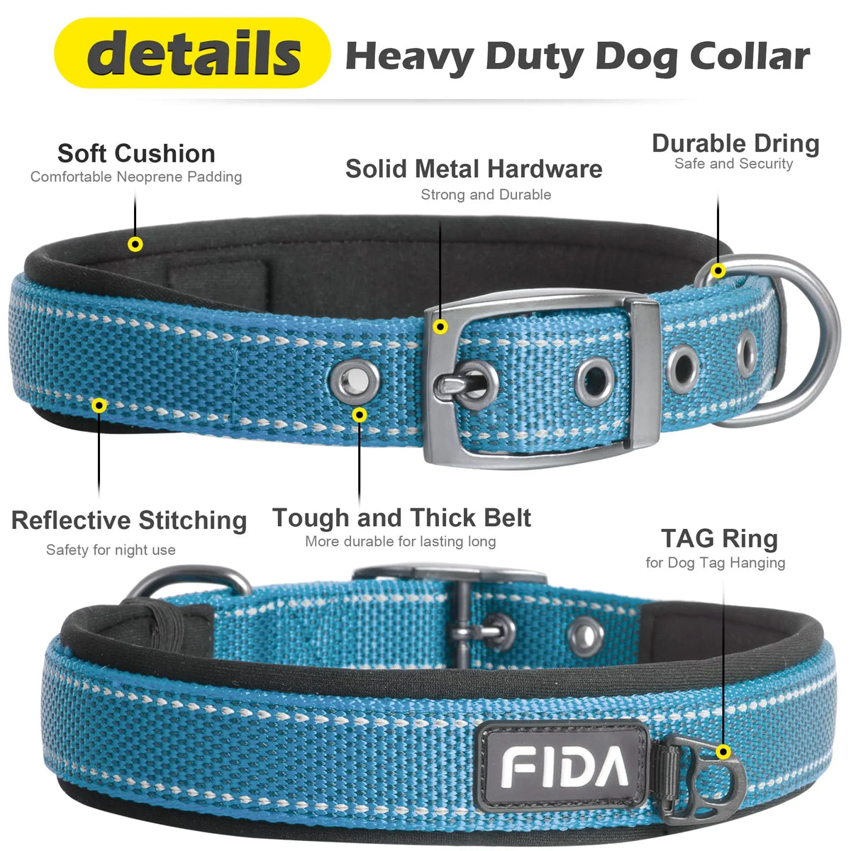 Fida Heavy Duty Dog Collar, Ultra Comfortable Soft Neoprene Padded, Adjustable Reflective Nylon Pet Collar with Durable Metal Belt Buckle, , Lightweight Everyday Walking Collar for Small Medium Large Dogs