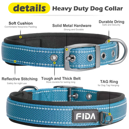 Fida Heavy Duty Dog Collar, Ultra Comfortable Soft Neoprene Padded, Adjustable Reflective Nylon Pet Collar with Durable Metal Belt Buckle, , Lightweight Everyday Walking Collar for Small Medium Large Dogs