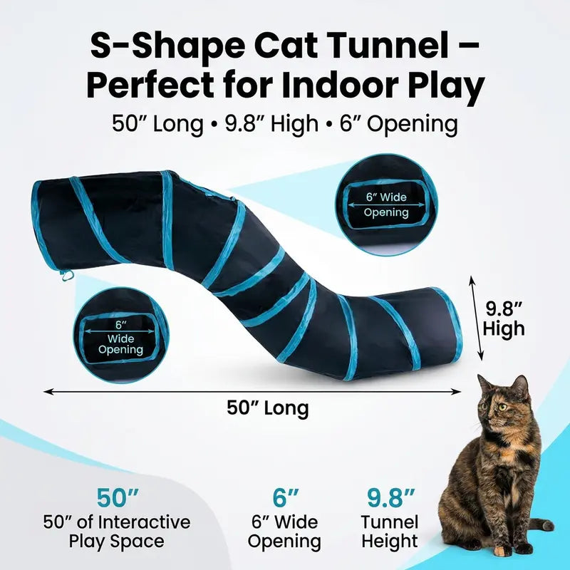 S-Shaped Cat Tunnel Toy – Foldable Interactive Play Tunnel with Peek Holes & Hanging Ball