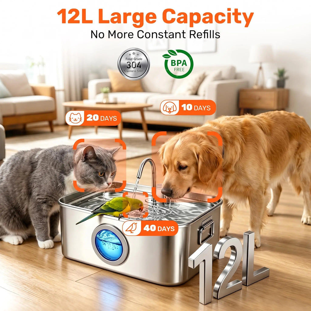 304 Stainless Steel Automatic Pet Water Fountain, 12L/405Oz Large Capacity, Dual Flow, 24H Filtering, Ultra-Quiet Pump, Bpa-Free, Dishwasher-Safe, Dual Handles, Easy-Clean Summer Essential for Dogs & Cats Pat Water Fountain