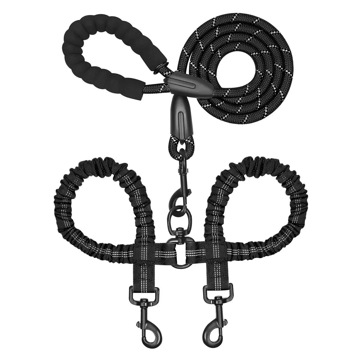 【Furlyn】Dual Dog Tangle-Free Bungee Cord Leash - 360° Swivel Joint, Shock Absorption, Cuban Link, Adjustable Universal Collar, Easy Harness, Car Restraint Accessory for 25-150 Lbs Large Dogs, Collars & Leads